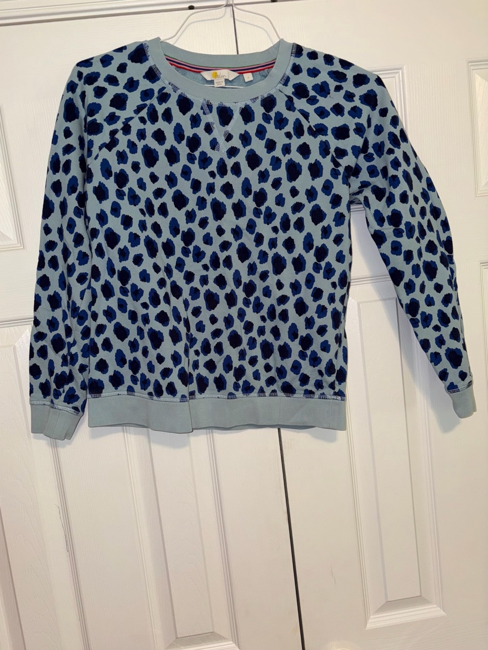 Boden Blue Leopard Animal Print Crewneck Fleece Sweatshirt Long Sleeve Size S